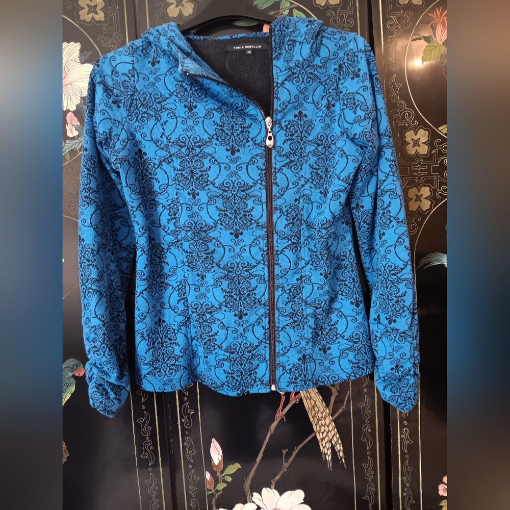 Elegant Blue Patterned Women's Hooded Jacket